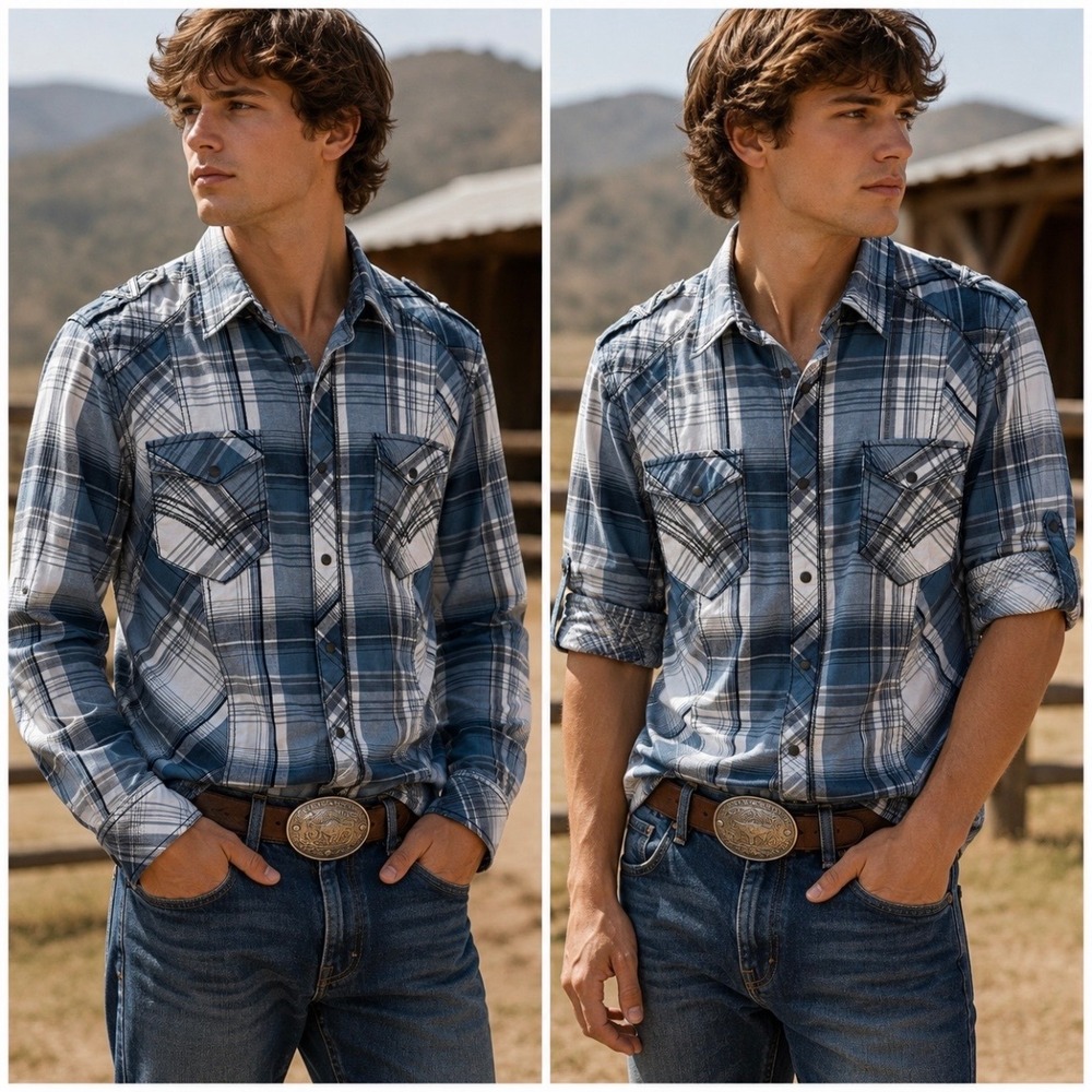 Buckle Black Athletic Stretch Shirt L Long Sleeve Blue Plaid Embroidered Snap